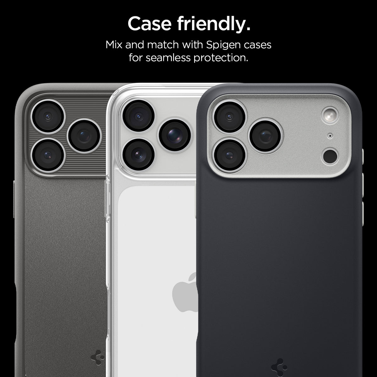 AGL12046 - iPhone 18 Pro Max / iPhone 18 Pro Optik Pro EZ Fit Lens Protector in Silver showing lens protectors paired with multiple case styles for a compatible and seamless fit.