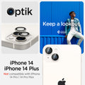 AGL05604 - iPhone 14 / 14 Plus Optik Pro Lens Protector in starlight keep a lookout showing the compatibility only with iPhone 14, 14 plus. Not compatible with iPhone 14 pro, 14 pro max.