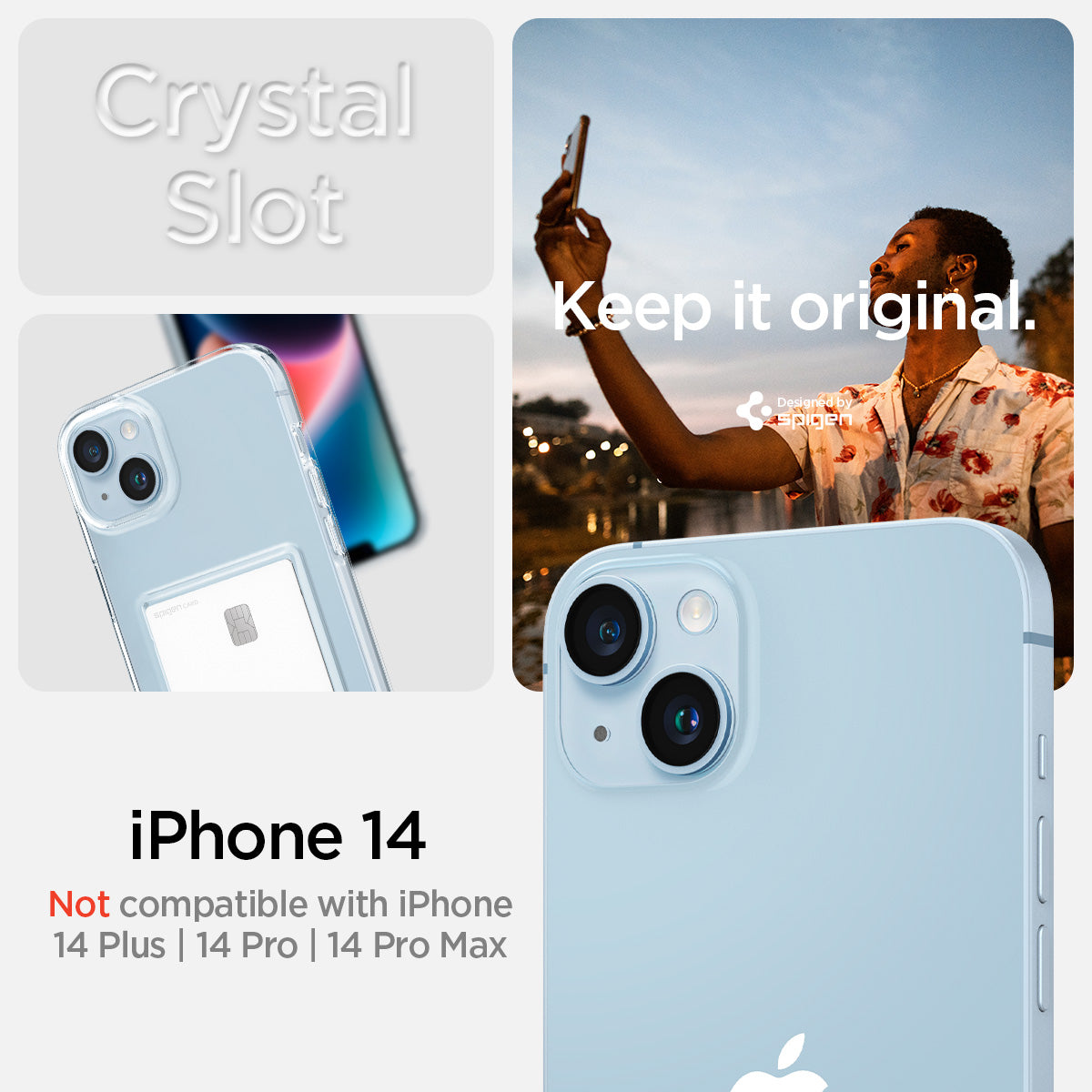 ACS05054 - iPhone 14 Case Crystal Slot in crystal clear showing Not compatible with iPhone 14 pro max, 14plus, 14 pro. crystal slot. Keep it original