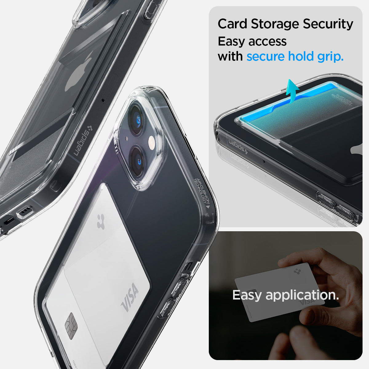 ACS05054 - iPhone 14 Case Crystal Slot in crystal clear showing easy application. Card storage security easy access with secure hold grip.