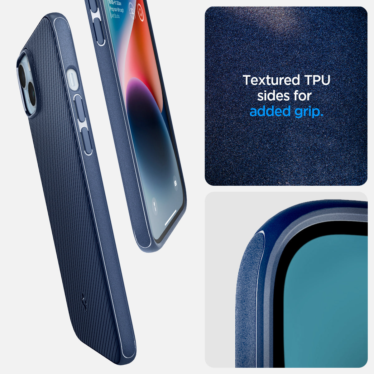 ACS05066 - iPhone 14 Case Mag Armor (MagFit) in navy blue showing textured TPU sides for added grip