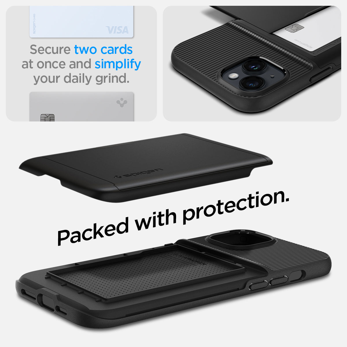ACS04911 - iPhone 14 Plus Case Slim Armor CS in black showing the back showing secure two cards at once and simplify your daily grind. Packed with protection.