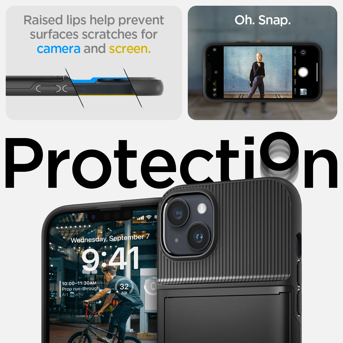 ACS04911 - iPhone 14 Plus Case Slim Armor CS in black showing the back  showing protection Oh, snap. Raised lips help prevent surfaces scratches for camera and screen.