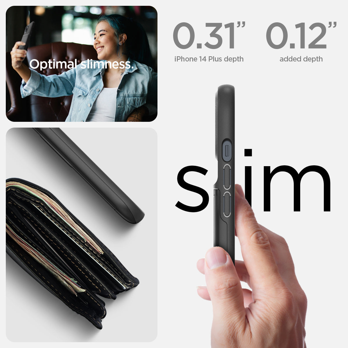 ACS04911 - iPhone 14 Plus Case Slim Armor CS in black showing the back showing optimal slimness. 0.31" iPhone 14 plus depth, 0.12" added depth. slim.