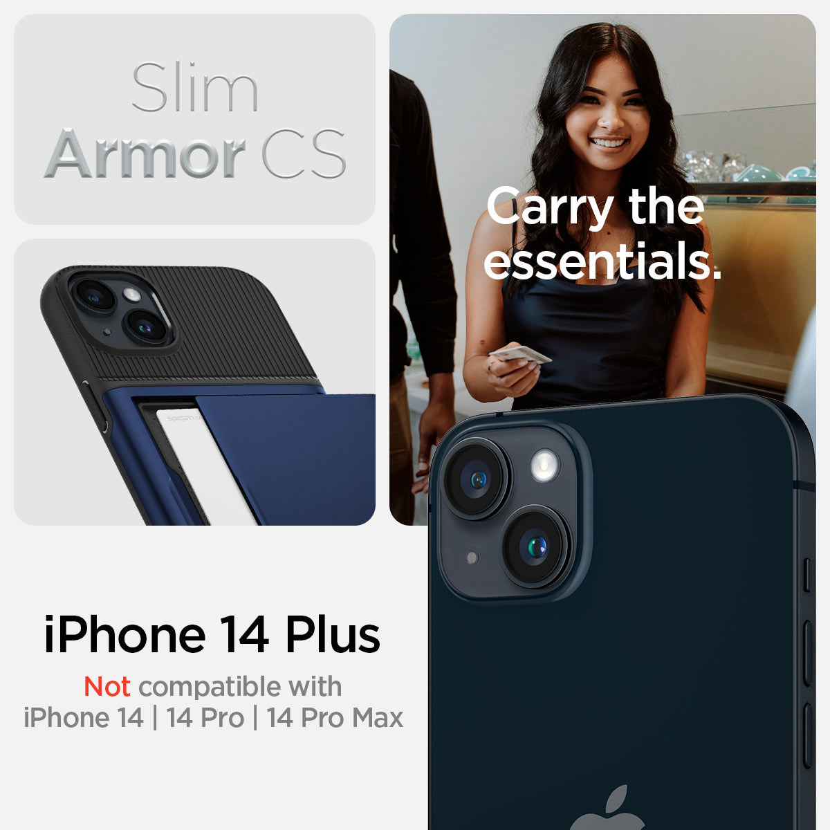 ACS04913 - iPhone 14 Plus Case Slim Armor CS in navy blue  showing slim armor cs. carry the essentials. iPhone 14 plus. Not compatible with iPhone 14, 14 pro, 14 pro max.