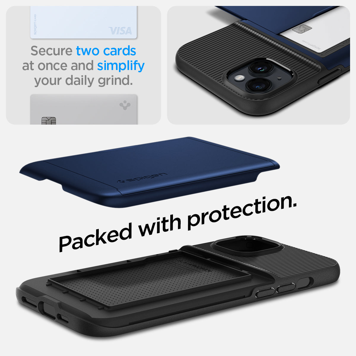 ACS04913 - iPhone 14 Plus Case Slim Armor CS in navy blue  showing the back showing secure two cards at once and simplify your daily grind. Packed with protection.