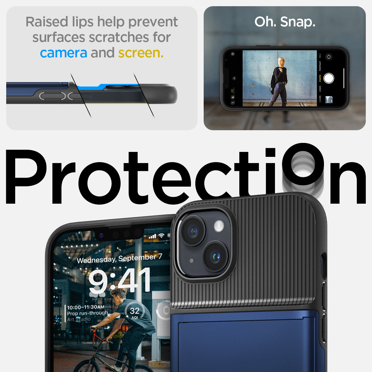ACS04913 - iPhone 14 Plus Case Slim Armor CS in navy blue showing protection Oh, snap. Raised lips help prevent surfaces scratches for camera and screen.
