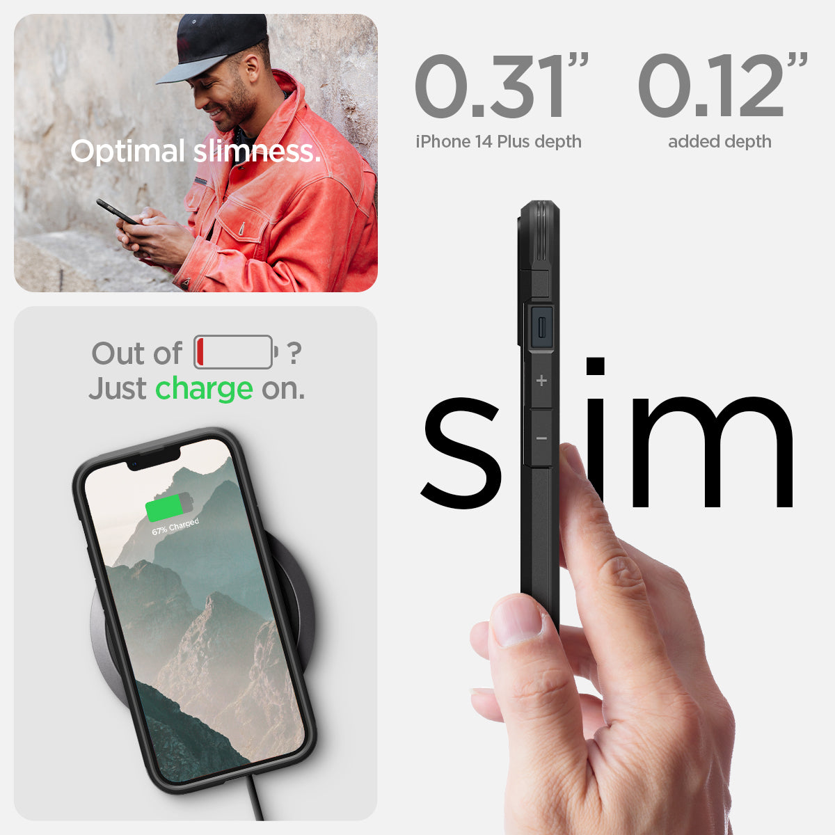 ACS04915 - iPhone 14 Plus Case Tough Armor (MagFit) in black optimal slimness. Out of battery? Just charge on. 0.31" iPhone 14 plus depth. 0.12" added depth.
