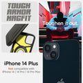 ACS04914 - iPhone 14 Plus Case Tough Armor (MagFit) in gunmetal showing tough armor magfit. toughen it out. iPhone 14 plus. Not compatible with iPhone 14, 14 pro, 14 pro max.