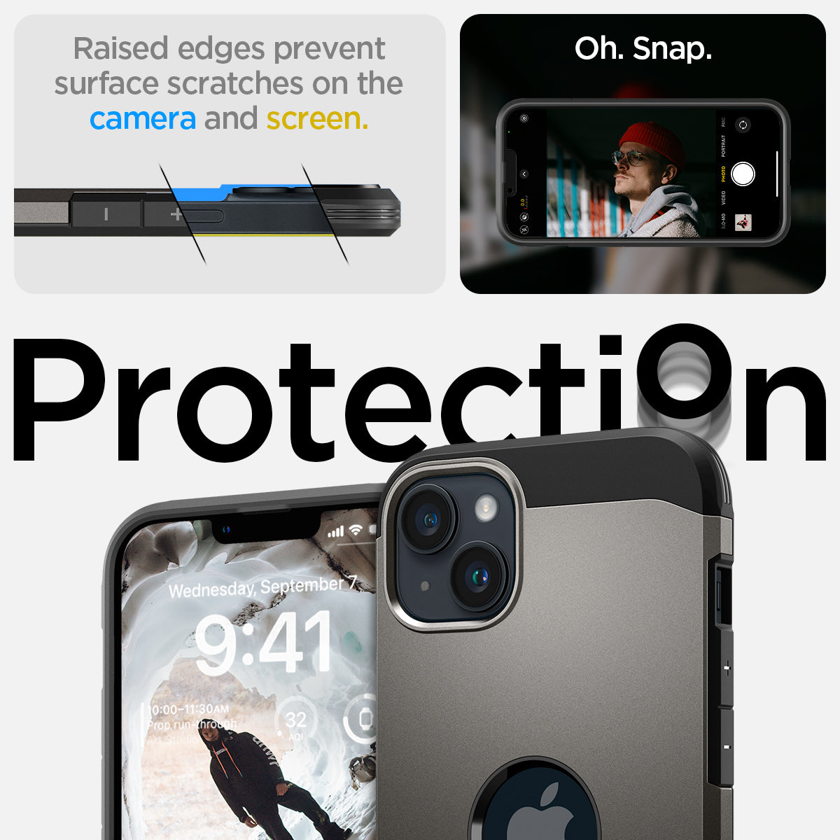 ACS04914 - iPhone 14 Plus Case Tough Armor (MagFit) in gunmetal showing raised edges prevent surface scratches on the camera and screen. Protection.