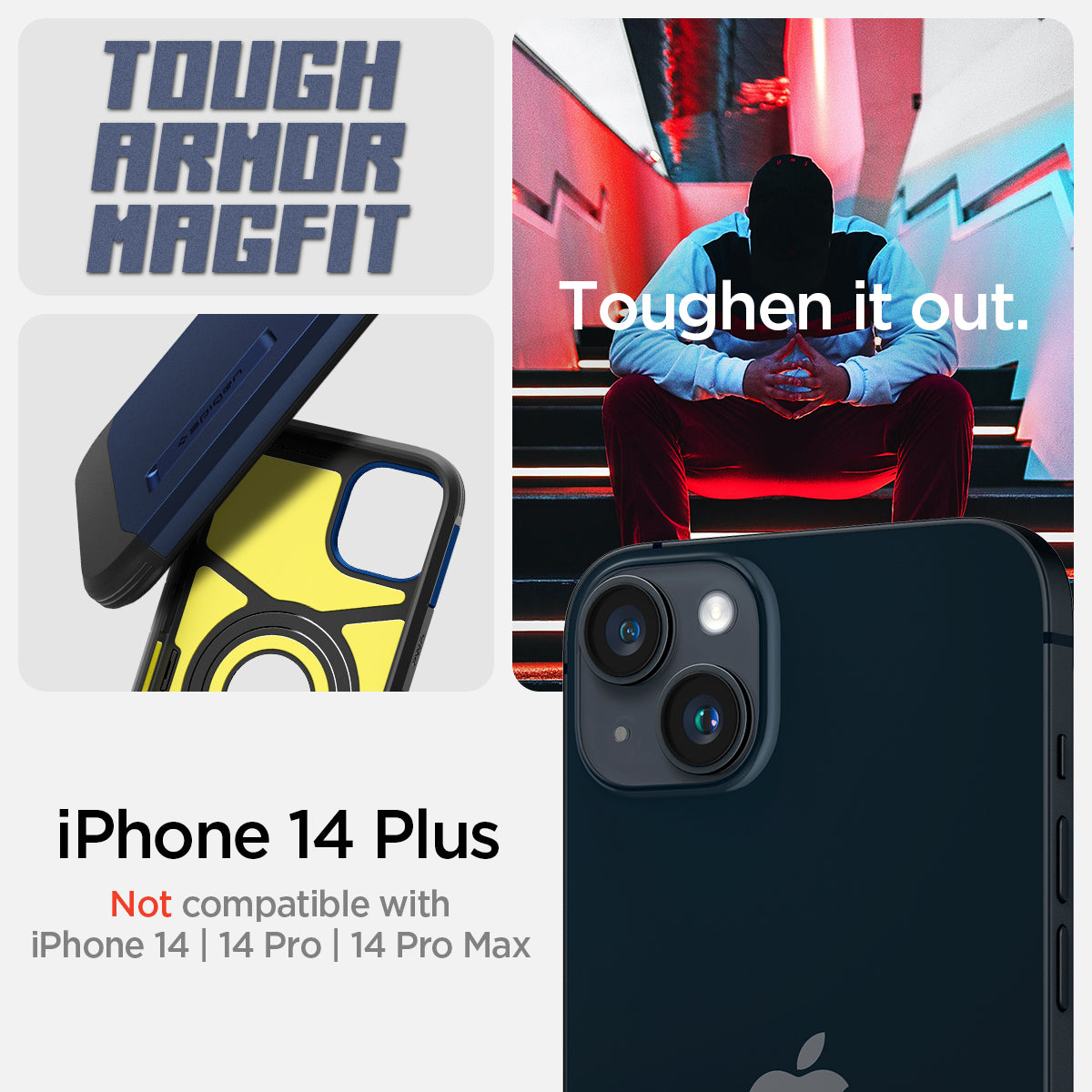 ACS04917 - iPhone 14 Plus Case Tough Armor (MagFit) in navy blue showing tough armor magfit. toughen it out. iPhone 14 plus. Not compatible with iPhone 14, 14 pro, 14 pro max.