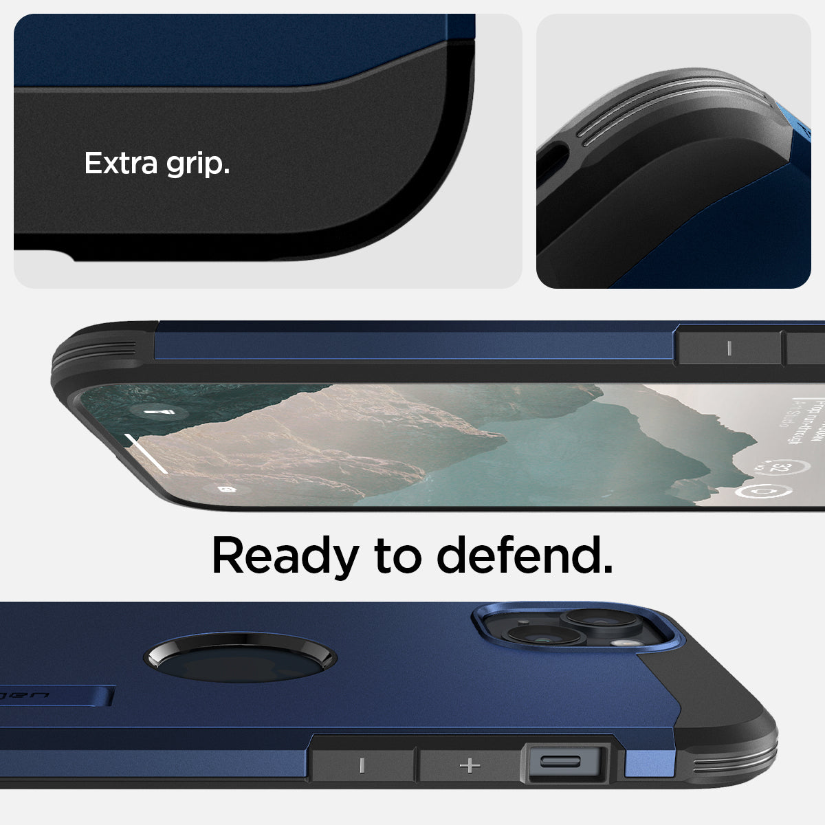 ACS04917 - iPhone 14 Plus Case Tough Armor (MagFit) in navy blue showing extra grip and ready to defend.
