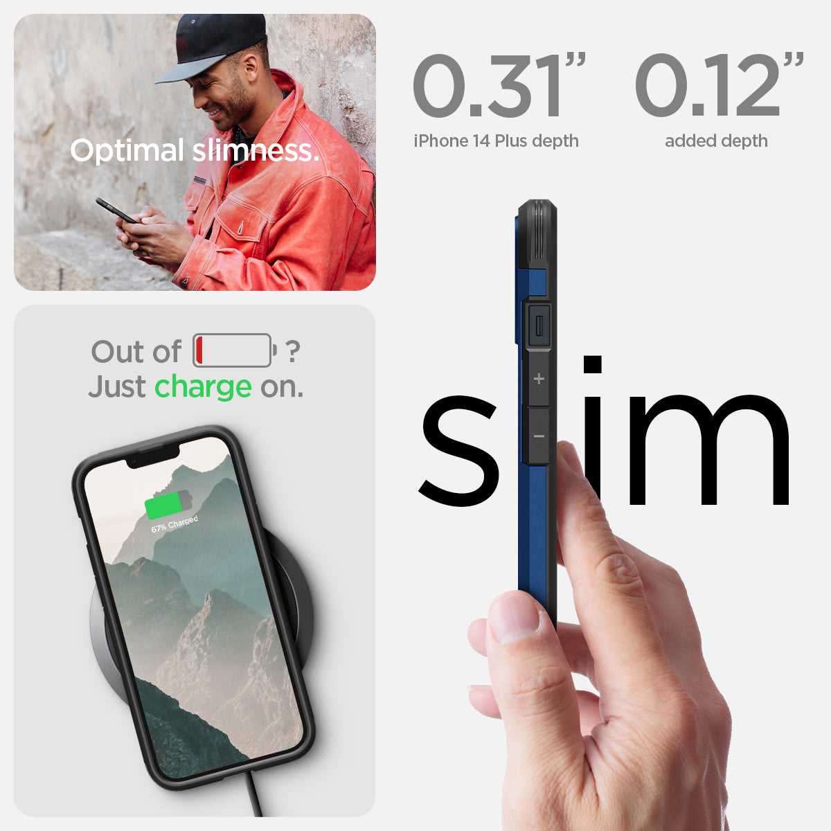 ACS04917 - iPhone 14 Plus Case Tough Armor (MagFit) in navy blue optimal slimness. Out of battery? Just charge on. 0.31" iPhone 14 plus depth. 0.12" added depth.