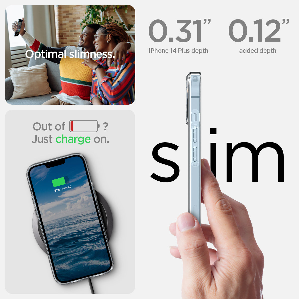 ACS04902 - iPhone 14 Plus Case Ultra Hybrid (MagFit) in white showing optimal slimness. Out of battery? Just charge on. Slim