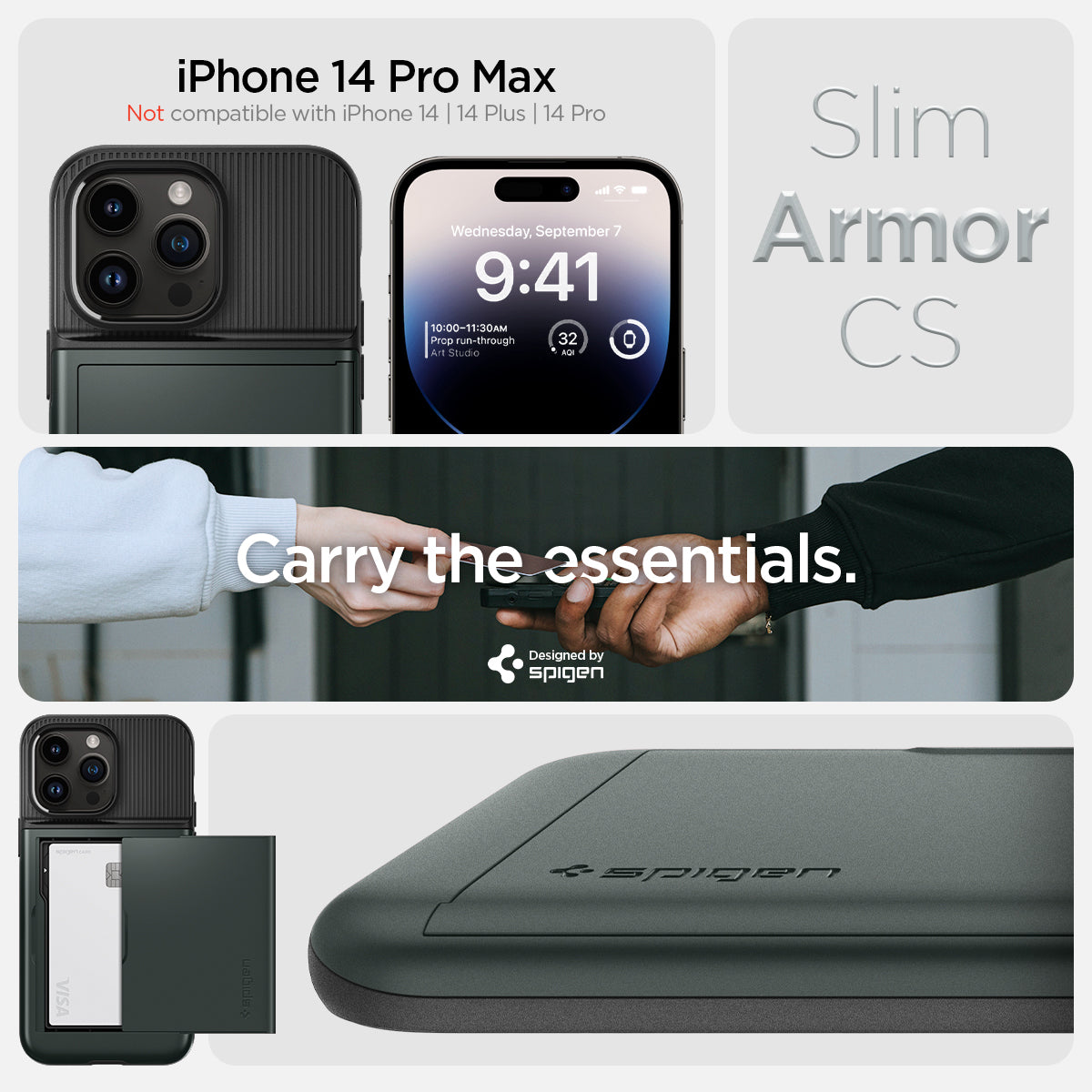 ACS04837 - iPhone 14 Pro Max Case Slim Armor CS in abyss green iPhone 14 pro max Not compatible with iPhone 14, 14plus, 14 pro. Slim armor cs. Carry the essentials. Designed by spigen.