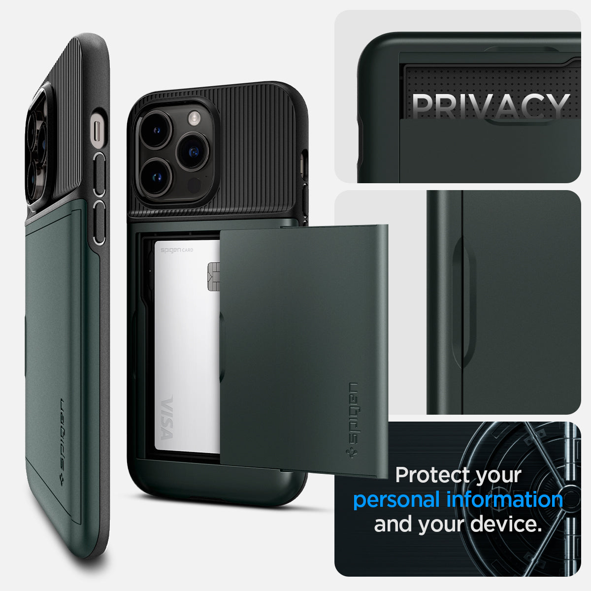 ACS04837 - iPhone 14 Pro Max Case Slim Armor CS in abyss green showing privacy. protect your personal information and your device.