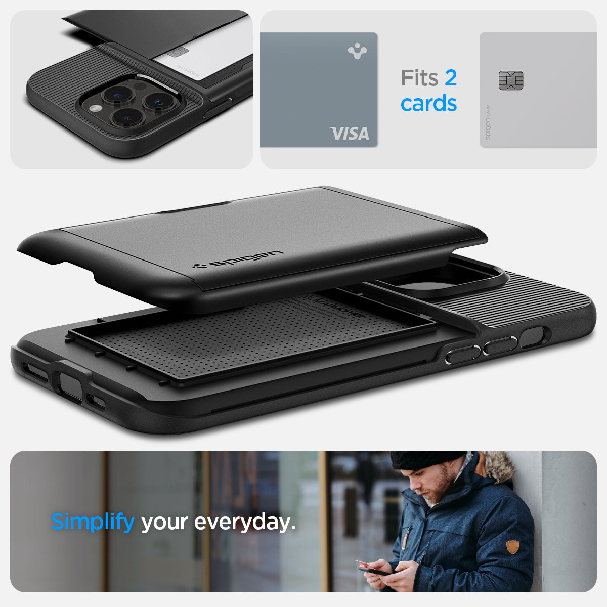ACS04835 - iPhone 14 Pro Max Case Slim Armor CS in black showing simplify your everyday. fits 2 cards.