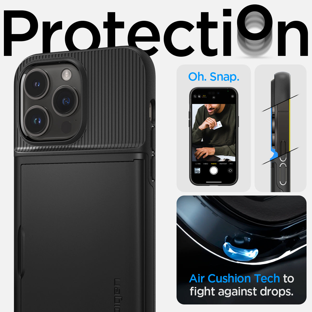 ACS04835 - iPhone 14 Pro Max Case Slim Armor CS in black showing protection Oh, snap. Air cushion tech to fight against drops.