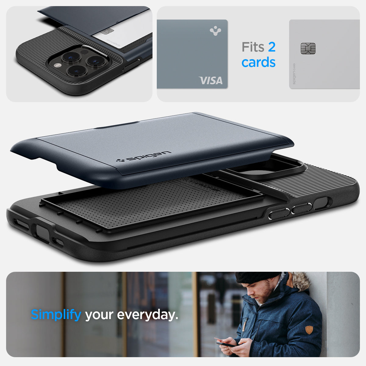 ACS04838 - iPhone 14 Pro Max Case Slim Armor CS in metal slate showing simplify your everyday. fits 2 cards.