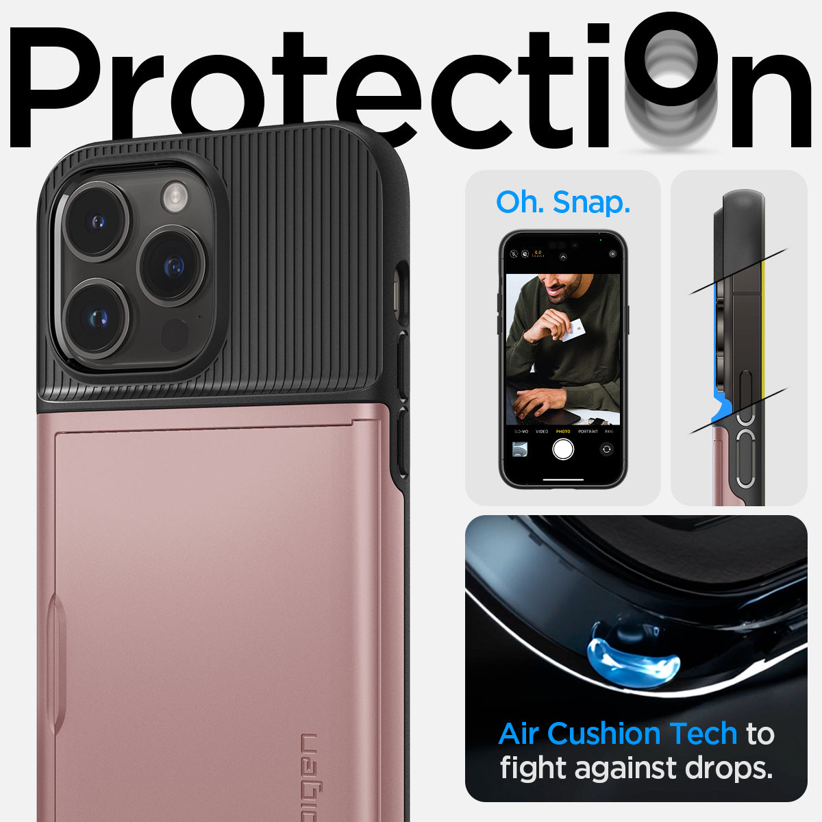 ACS04836 - iPhone 14 Pro Max Case Slim Armor CS in rose gold showing protection Oh, snap. Air cushion tech to fight against drops.