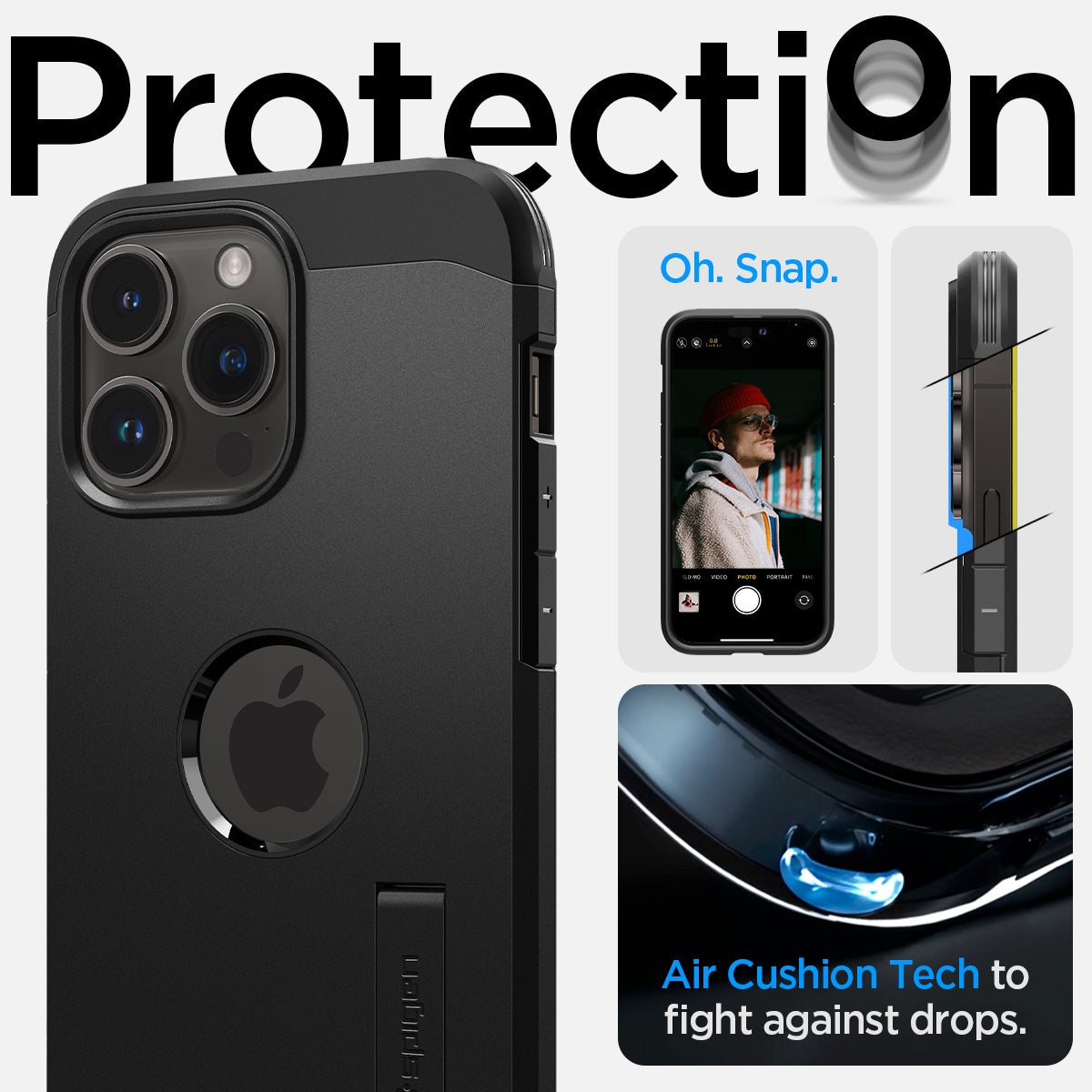 ACS04840 - iPhone 14 Pro Max Case Tough Armor (MagFit) in black showing protection. Oh, snap. Air cushion tech to fight against drops.