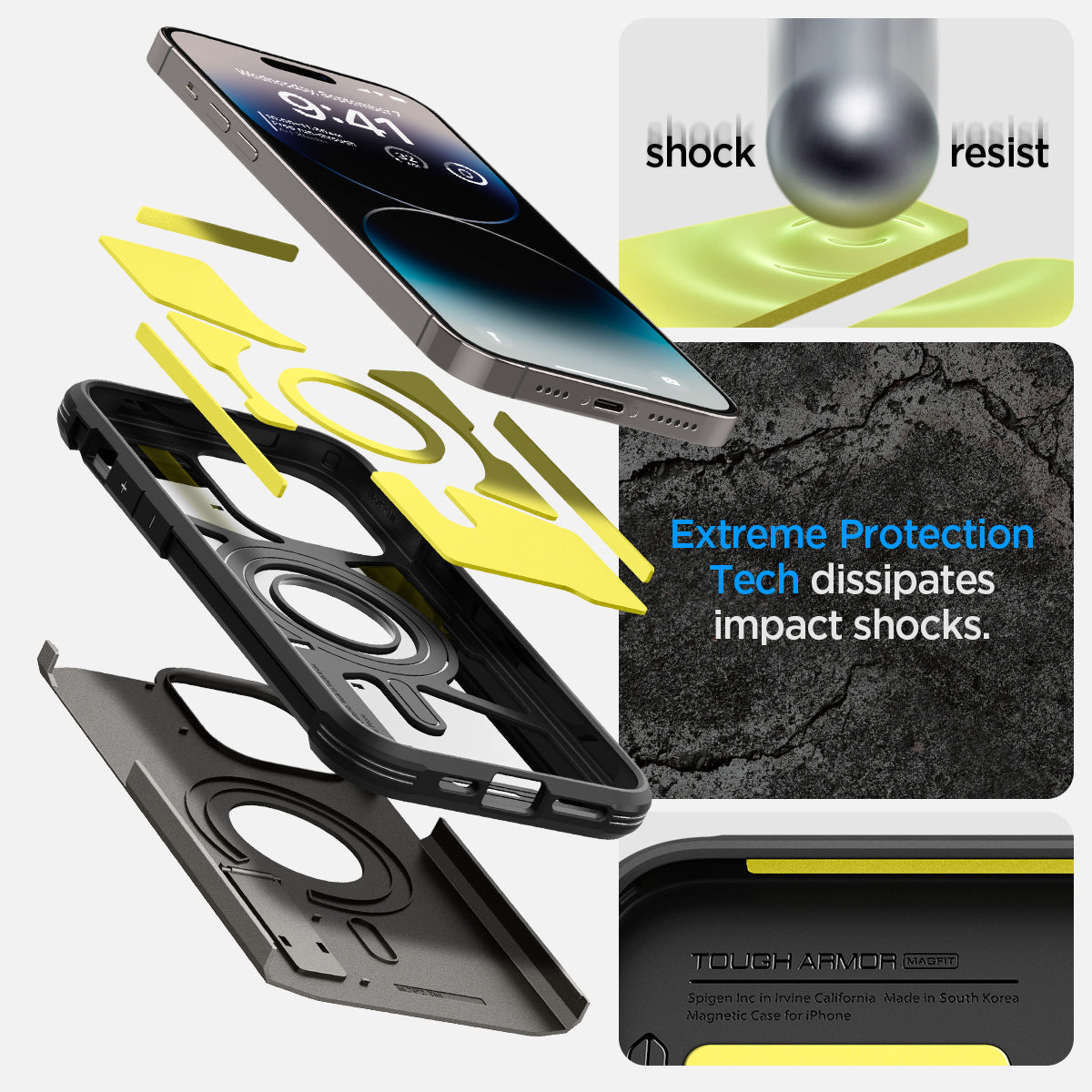 ACS04839 - iPhone 14 Pro Max Case Tough Armor (MagFit) in gunmetal showing shock resist. Extreme protection tech dissipates impact shocks.