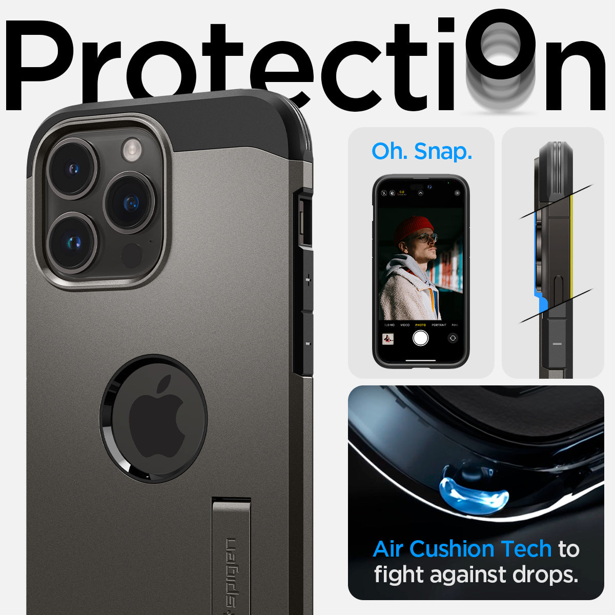 ACS04839 - iPhone 14 Pro Max Case Tough Armor (MagFit) in gunmetal showing protection. Oh, snap. Air cushion tech to fight against drops.