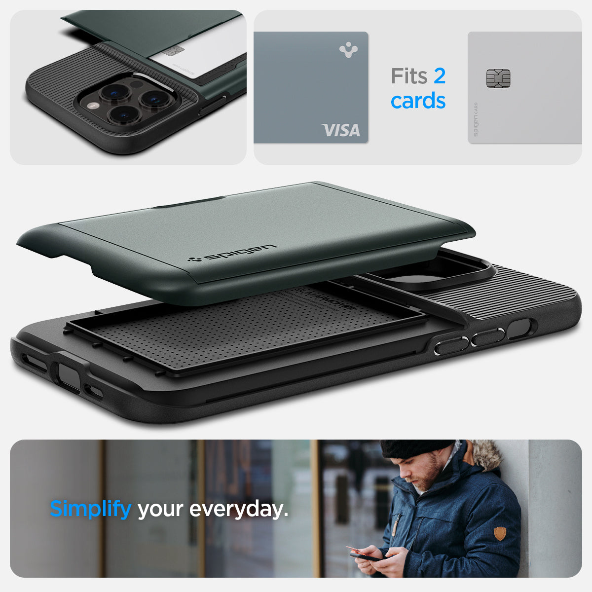 ACS04983 - iPhone 14 Pro Case Slim Armor CS in abyss green showing simplify your everyday. fits 2 cards.
