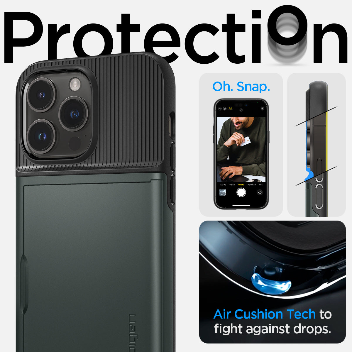 ACS04983 - iPhone 14 Pro Case Slim Armor CS in abyss green showing protection Oh, snap. Air cushion tech to fight against drops.