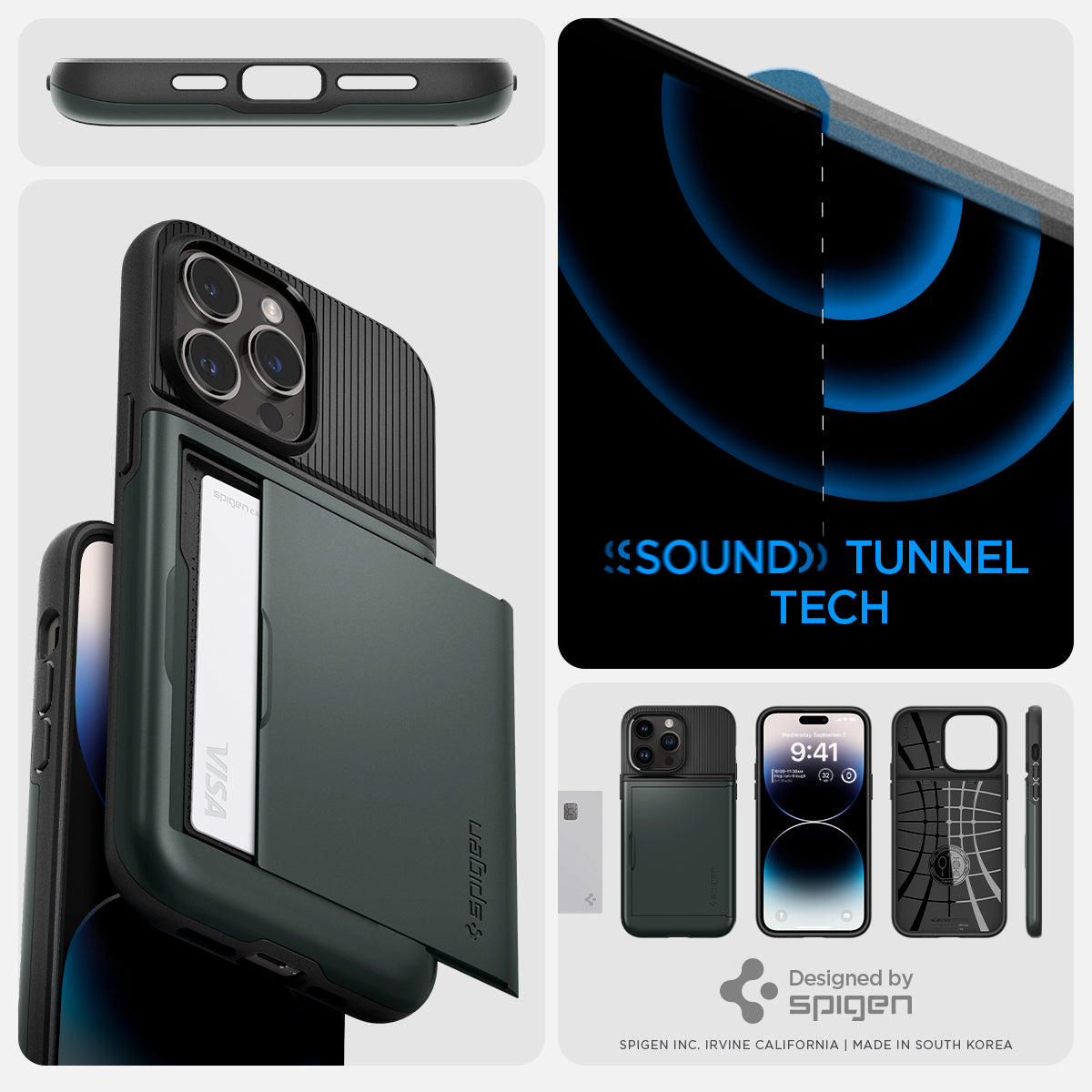 ACS04983 - iPhone 14 Pro Case Slim Armor CS in abyss green sound tunnel tech. designed by spigen.