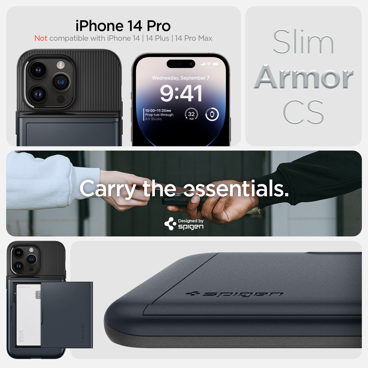 ACS04982 - iPhone 14 Pro Case Slim Armor CS in metal slate iPhone 14 pro max Not compatible with iPhone 14, 14plus, 14 pro. Slim armor cs. Carry the essentials. Designed by spigen.