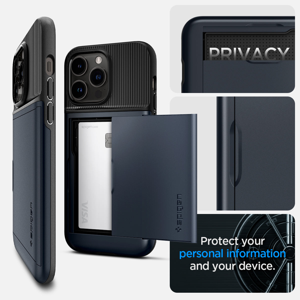 ACS04982 - iPhone 14 Pro Case Slim Armor CS in metal slate showing privacy. protect your personal information and your device.