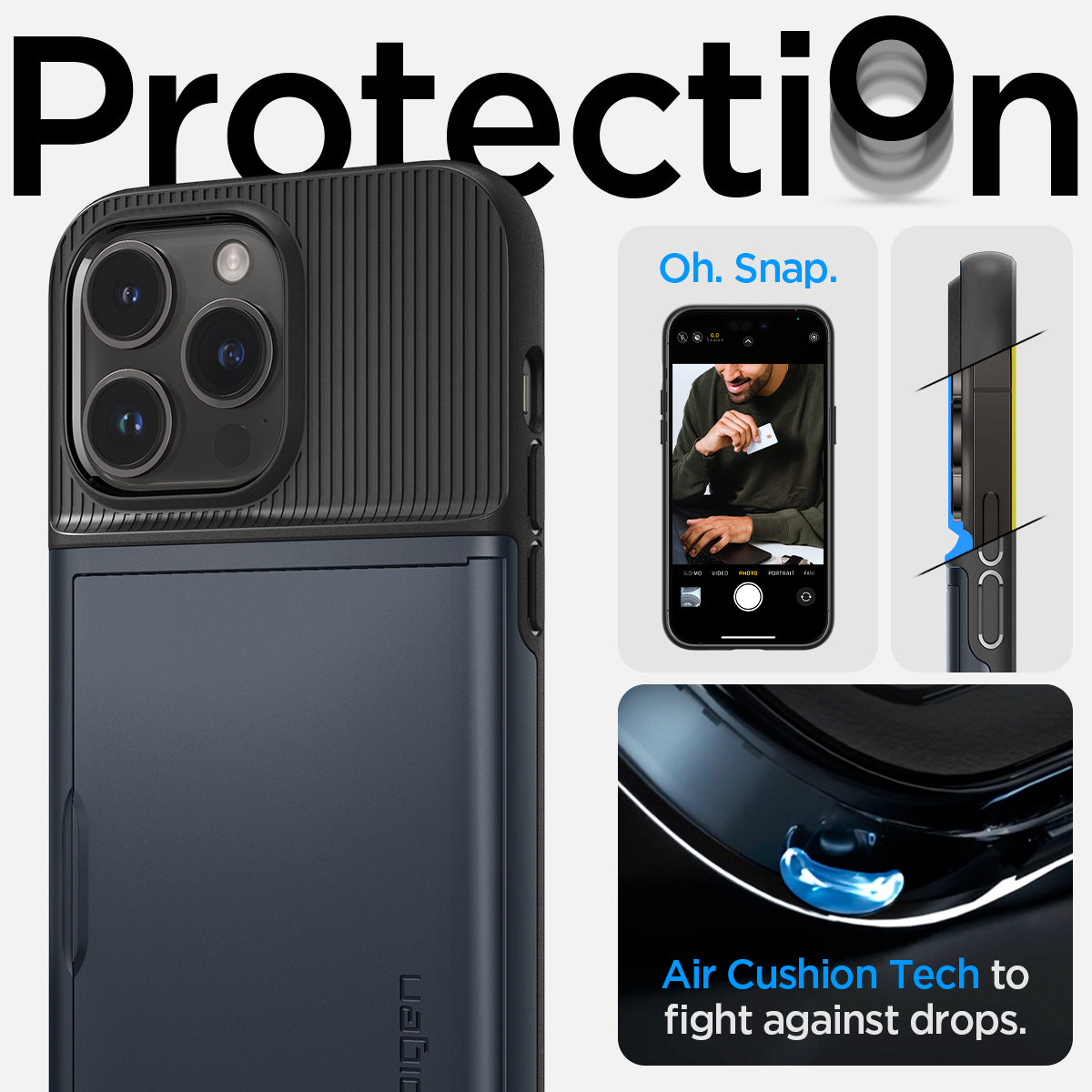 ACS04982 - iPhone 14 Pro Case Slim Armor CS in metal slate showing protection Oh, snap. Air cushion tech to fight against drops.