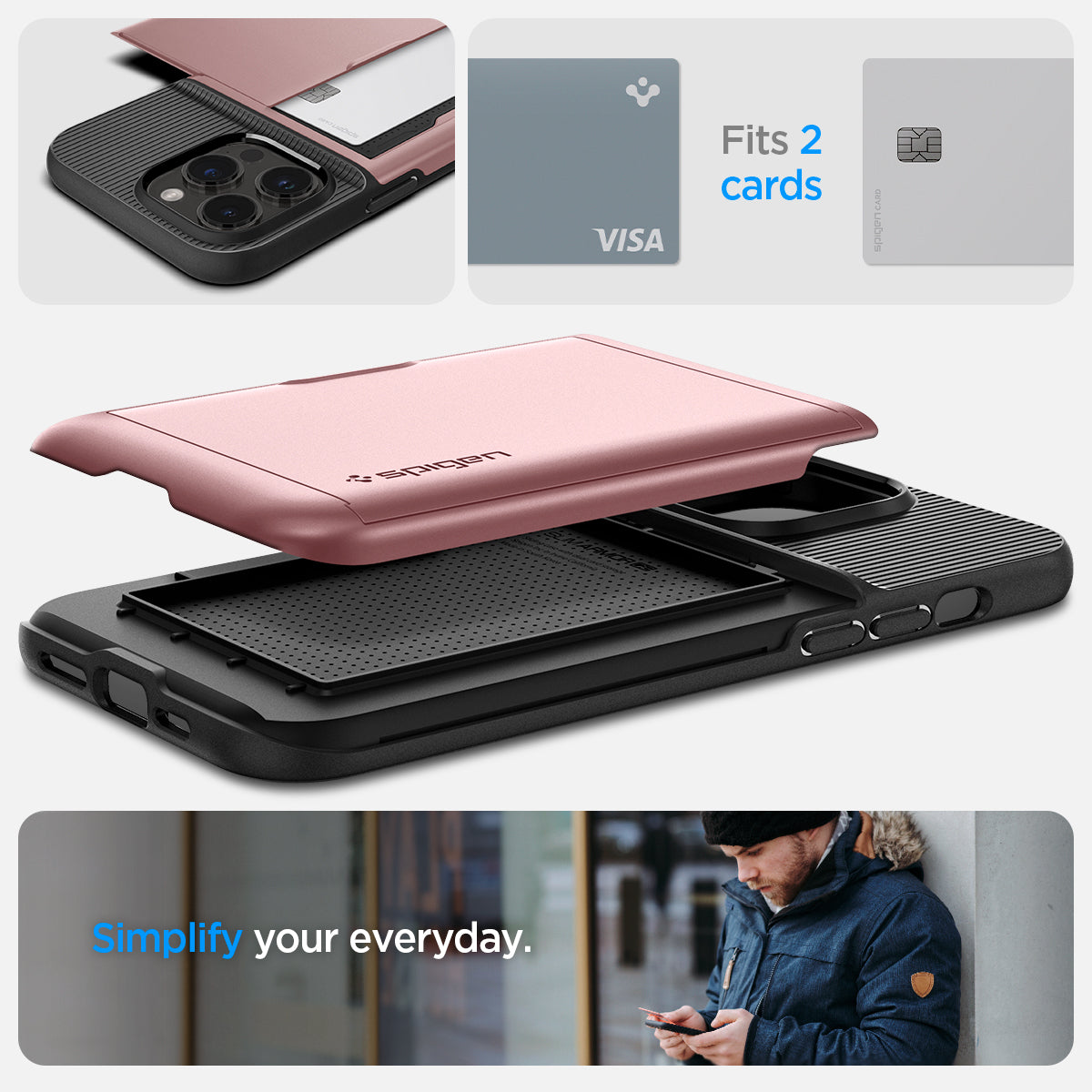 ACS04981 - iPhone 14 Pro Case Slim Armor CS in rose gold showing simplify your everyday. fits 2 cards.
