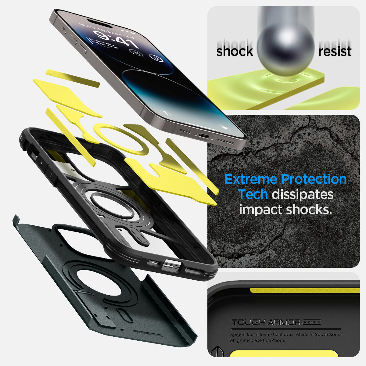ACS04988 - iPhone 14 Pro Case Tough Armor (MagFit) in abyss green showing shock resist. Extreme protection tech dissipates impact shocks.