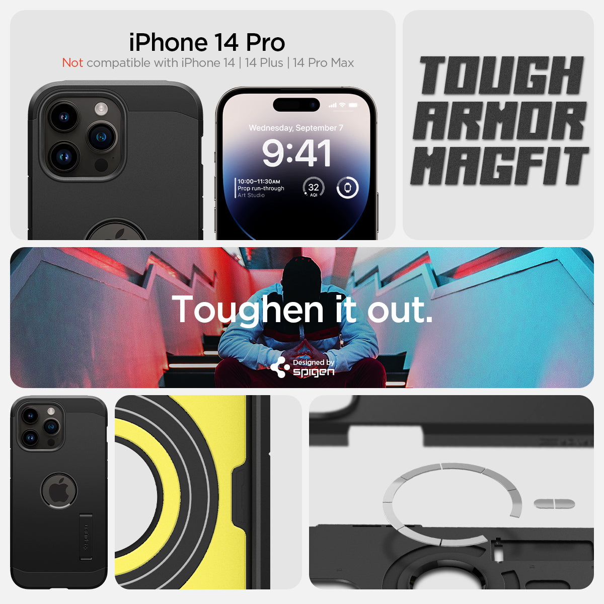 ACS04985 - iPhone 14 Pro Case Tough Armor (MagFit) in black iPhone 14 pro. Not compatible with iPhone 13, 14plus, 14 pro max. Tough armor magfit. toughen it out.