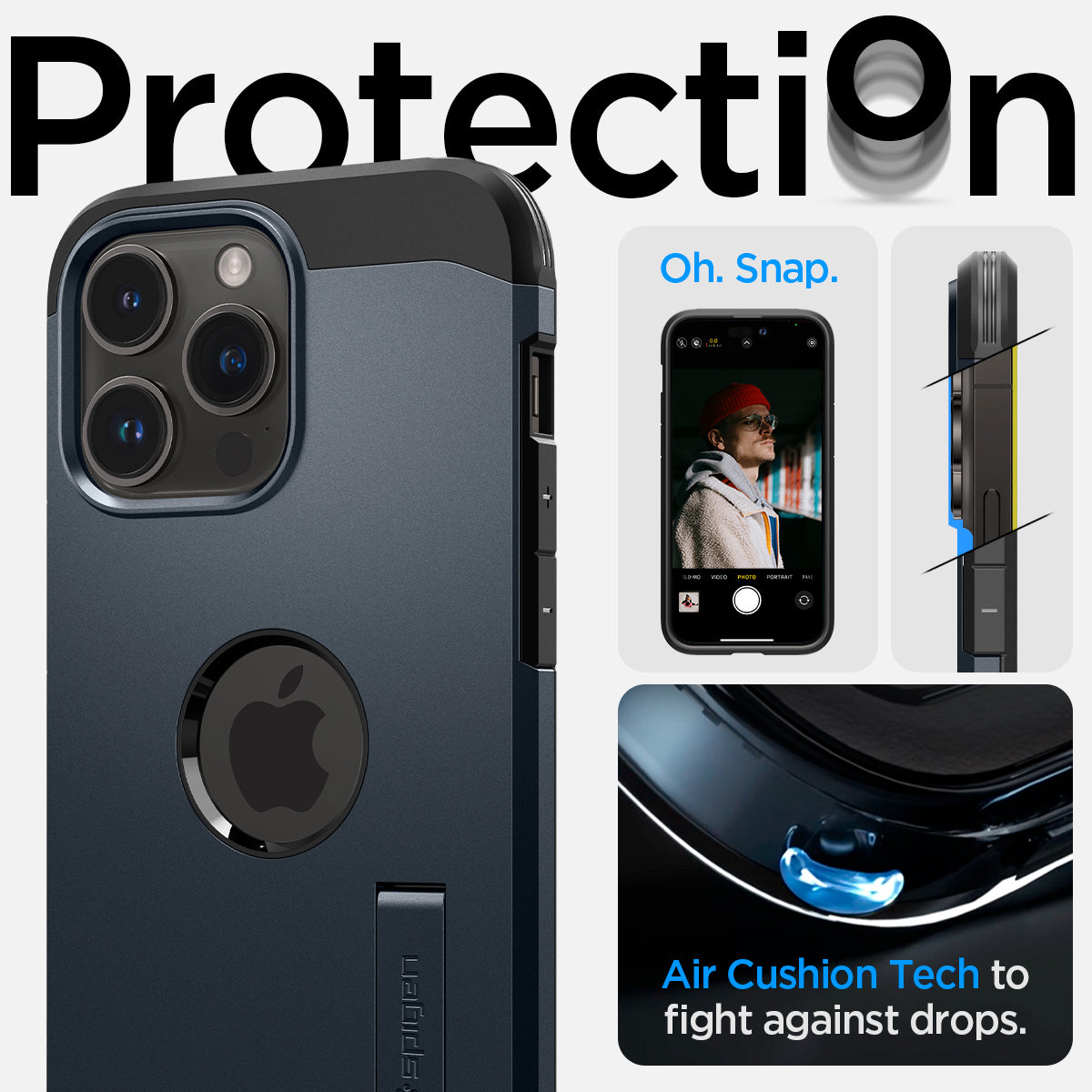 ACS04987 - iPhone 14 Pro Case Tough Armor (MagFit) in metal slate showing protection. Oh, snap. Air cushion tech to fight against drops.