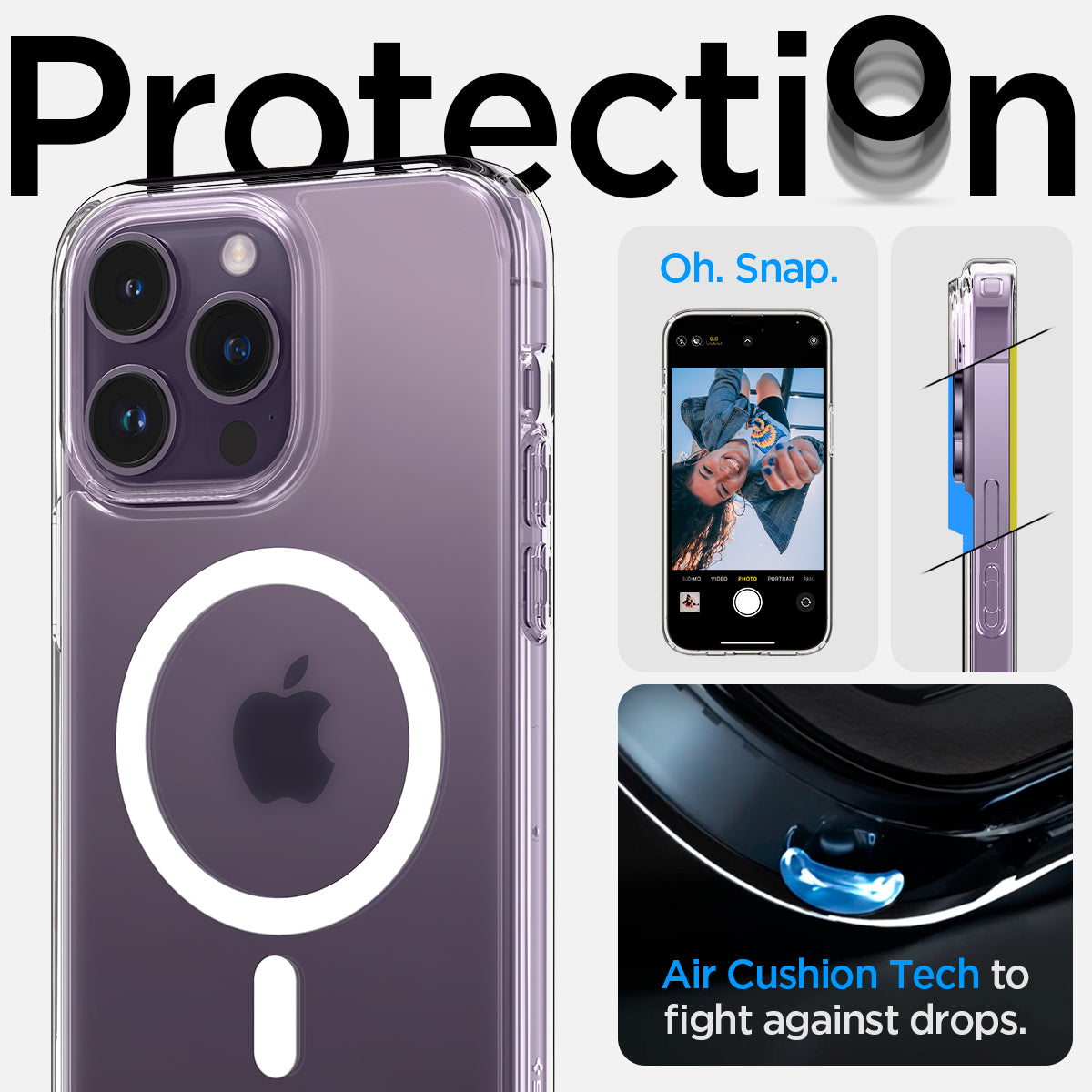 ACS05587 - iPhone 14 Pro Case Ultra Hybrid (MagFit) in frost clear showing protection. oh snap. Air cushion tech to fight against drops.