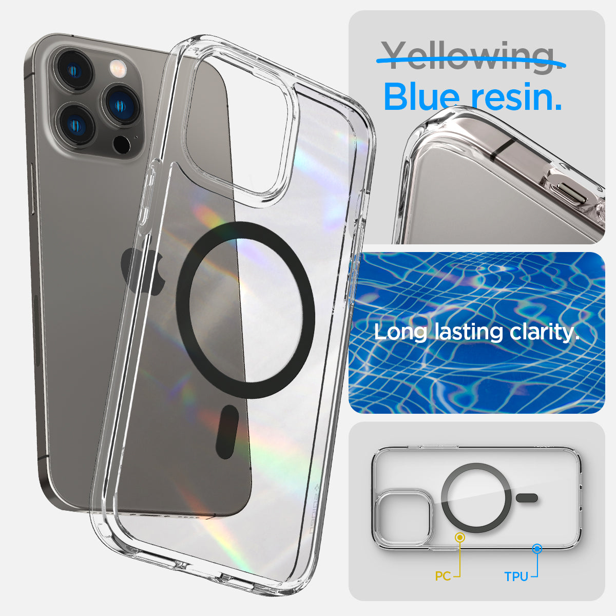 ACS04970 - iPhone 14 Pro Case Ultra Hybrid (MagFit) in graphite blue resin. Long lasting clarity.