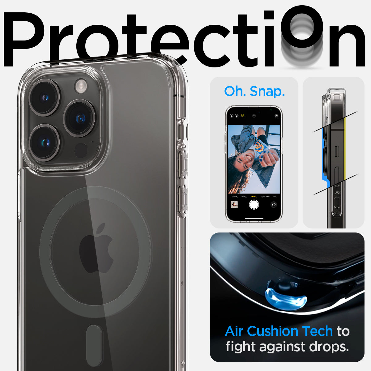 ACS04970 - iPhone 14 Pro Case Ultra Hybrid (MagFit) in graphite showing protection. oh snap. Air cushion tech to fight against drops.