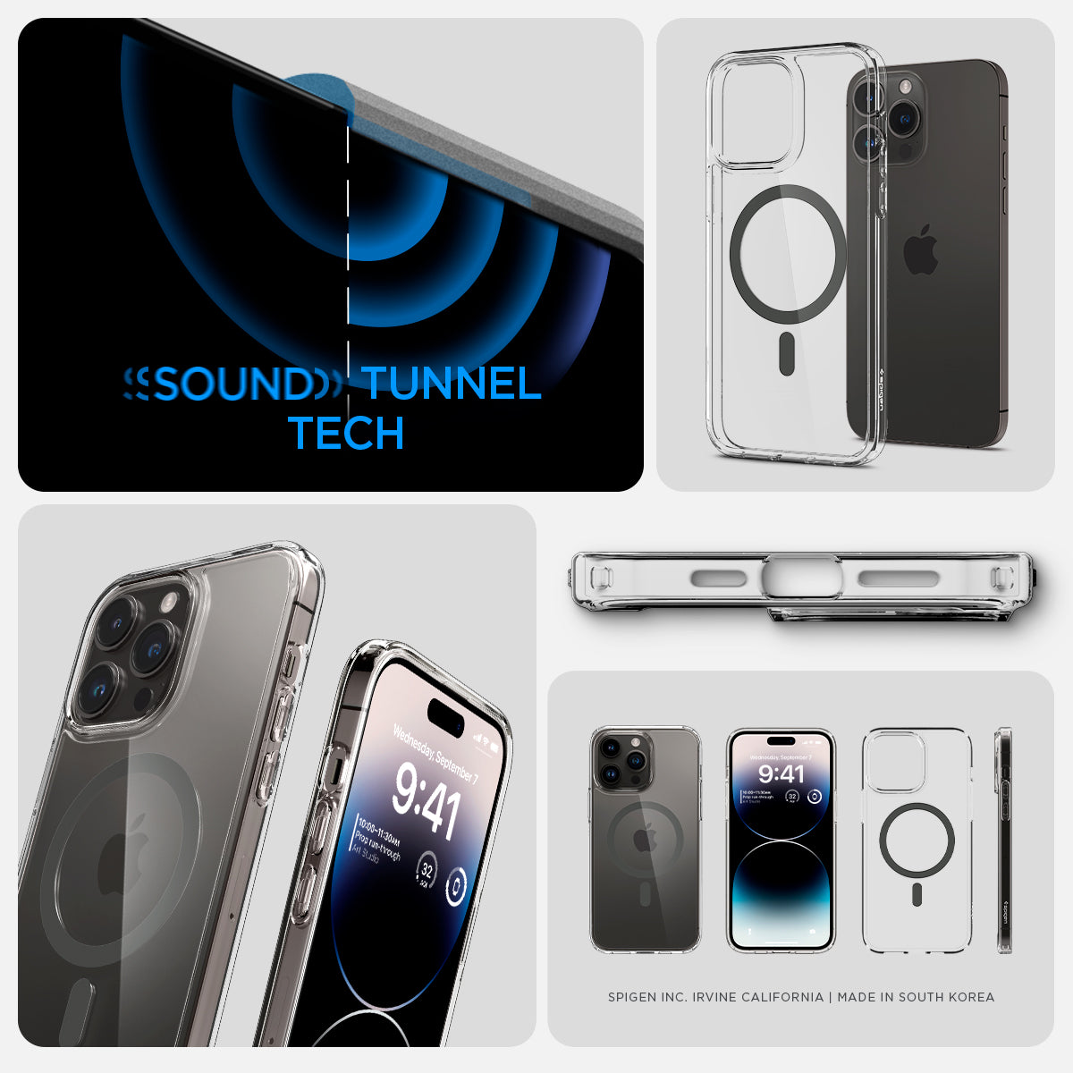 ACS04970 - iPhone 14 Pro Case Ultra Hybrid (MagFit) in graphite showing sound tunnel tech.