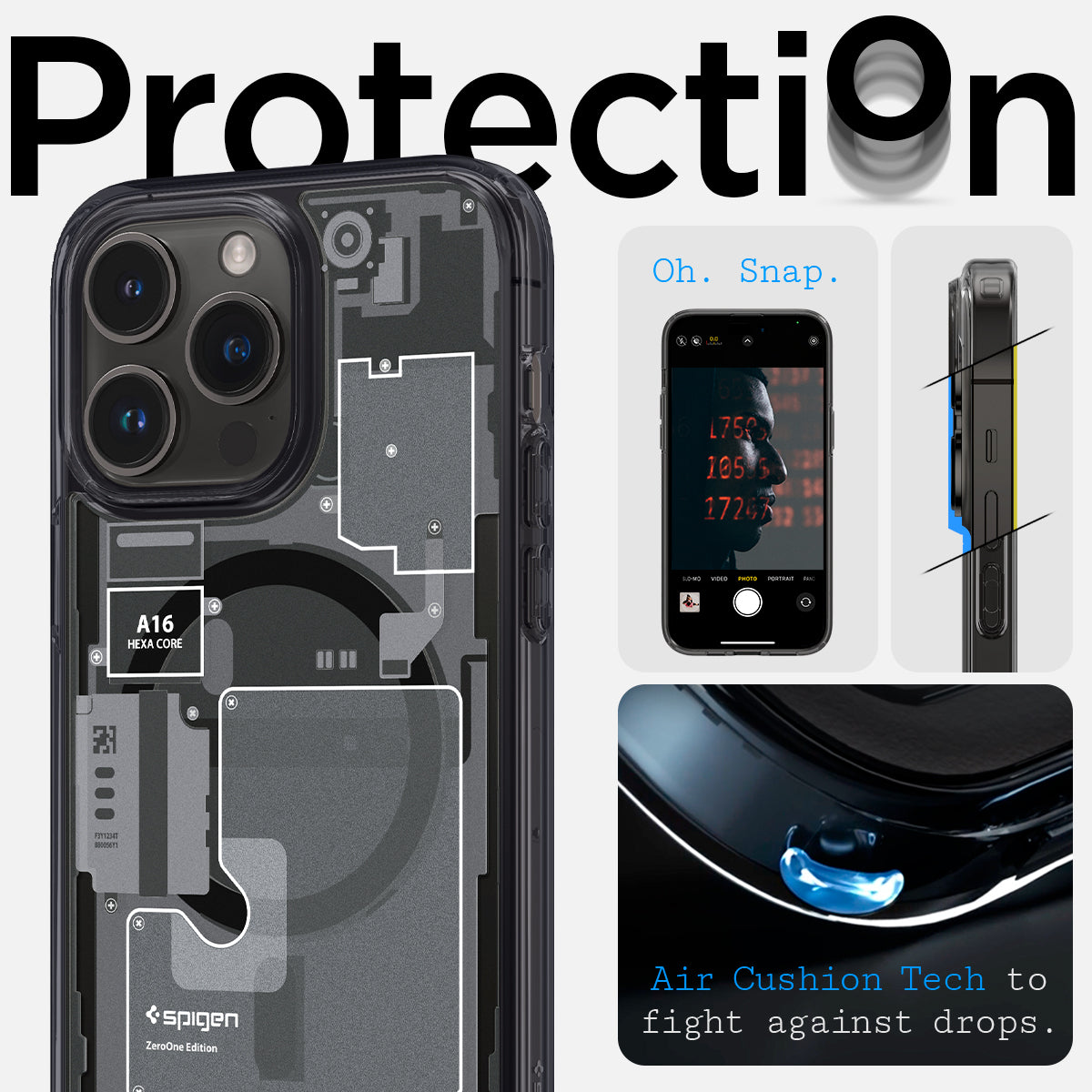 ACS05539 - iPhone 14 Pro Max Case Ultra Hybrid Zero One (MagFit) showing protection. Air cushion tech to fight against drops.