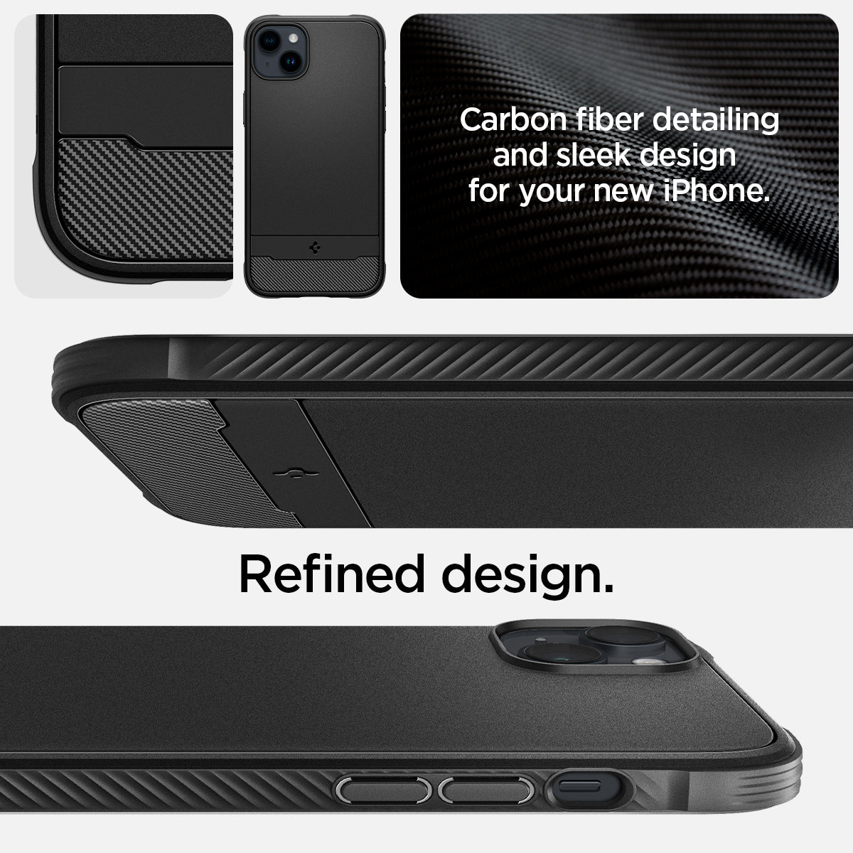 ACS05036 - iPhone 14 Case Rugged Armor (MagFit) in matte black showing carbon fiber detailing and sleek design for your new iPhone. Refined design.