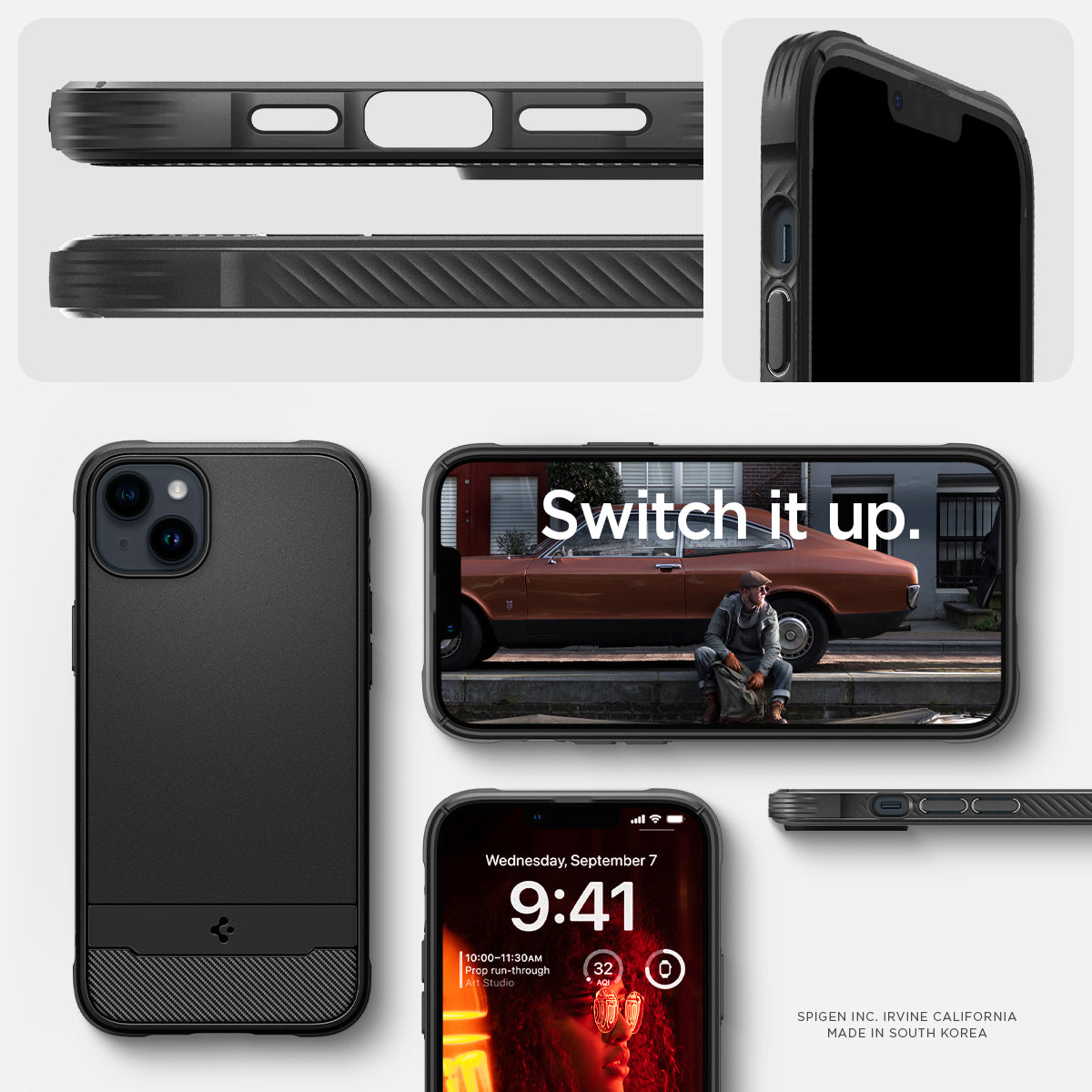 ACS05036 - iPhone 14 Case Rugged Armor (MagFit) in matte black showing switch up.