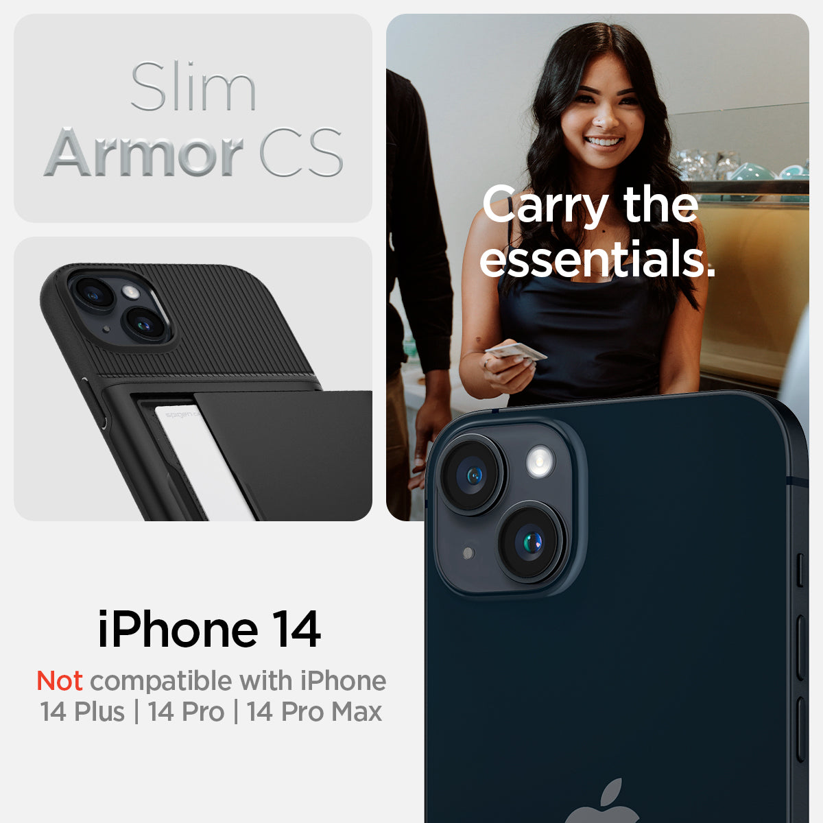 ACS05058 - iPhone 14 Case Slim Armor CS in black  showing slim armor cs. carry the essentials. iPhone 14 plus. Not compatible with iPhone 14, 14 pro, 14 pro max.