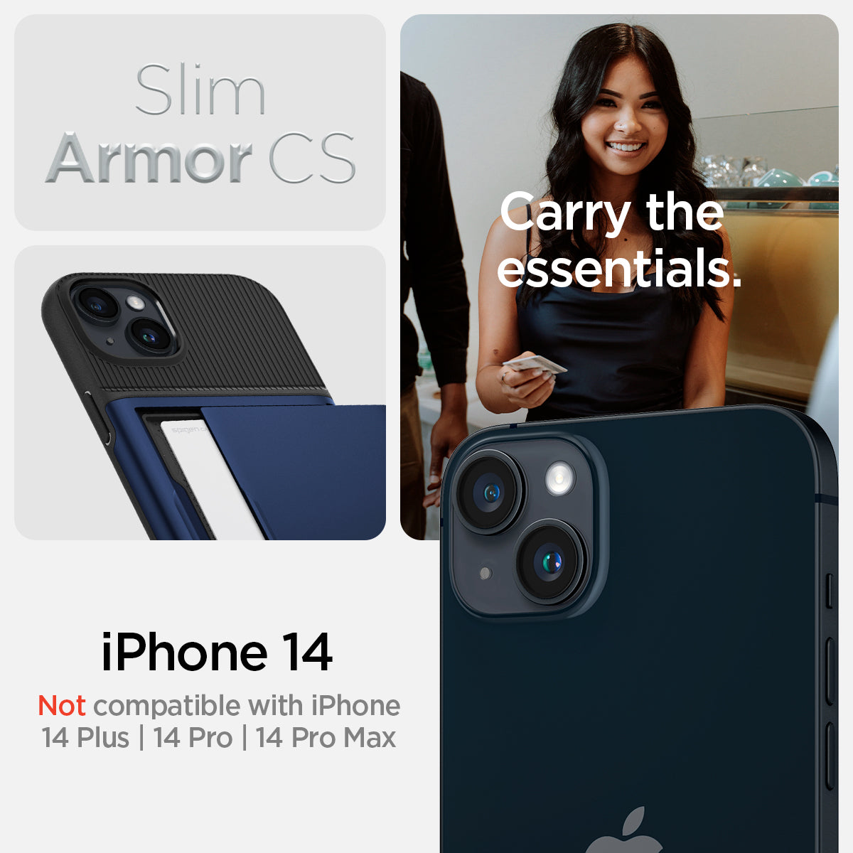 ACS05060 - iPhone 14 Case Slim Armor CS in navy blue  showing slim armor cs. carry the essentials. iPhone 14 plus. Not compatible with iPhone 14, 14 pro, 14 pro max.