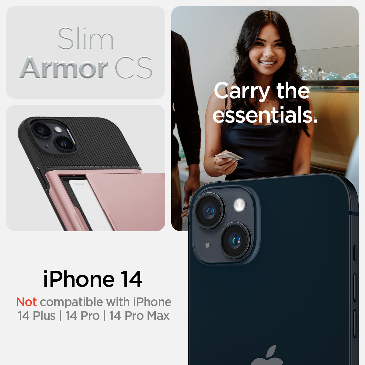 ACS05059 - iPhone 14 Case Slim Armor CS in rose gold  showing slim armor cs. carry the essentials. iPhone 14 plus. Not compatible with iPhone 14, 14 pro, 14 pro max.