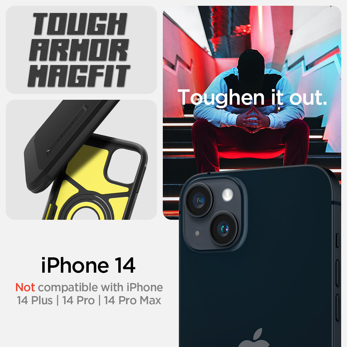 ACS05062 - iPhone 14 Case Tough Armor (MagFit) in black showing tough armor magfit. toughen it out. iPhone 14. Not compatible with iPhone 14 plus, 14 pro, 14 pro max.