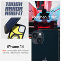 ACS05064 - iPhone 14 Case Tough Armor (MagFit) in navy blue showing tough armor magfit. toughen it out. iPhone 14. Not compatible with iPhone 14 plus, 14 pro, 14 pro max.