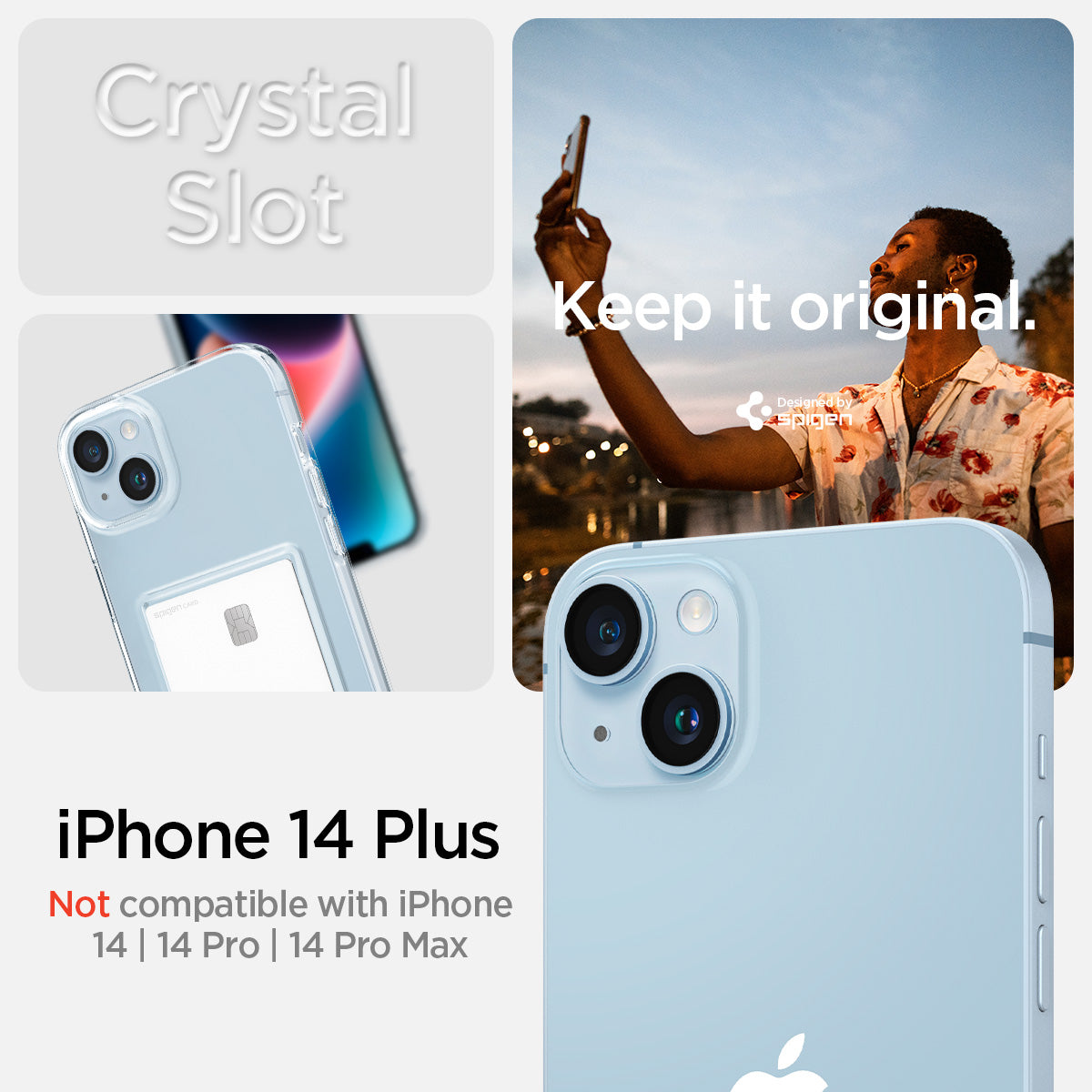 ACS04908 - iPhone 14 Plus Case Crystal Slot in crystal clear showing Not compatible with iPhone 14, 14 pro, 14 pro max. crystal slot. Keep it original